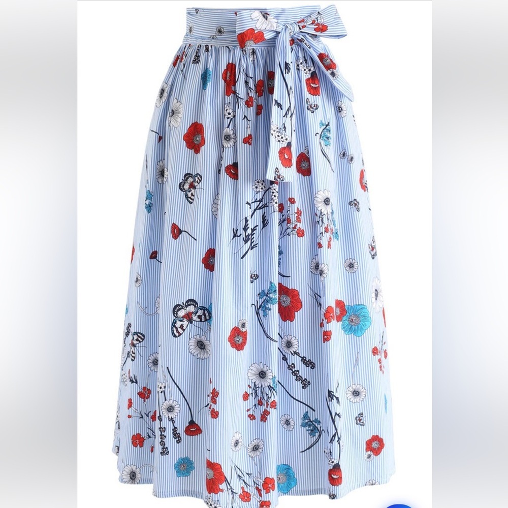 Chic Wish Floral Scene with Stripes Midi Skirt
